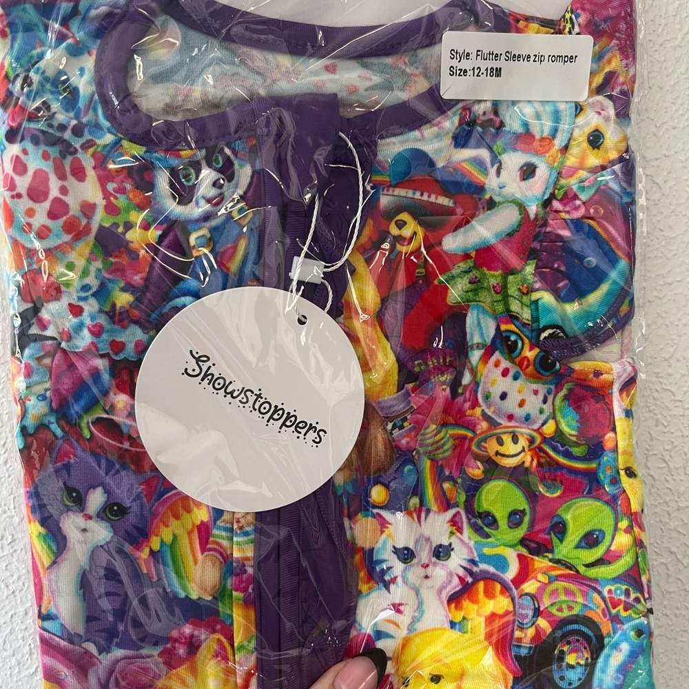Showstoppers Flutter Sleeve Zip Romper Lisa Frank print size 12-18m